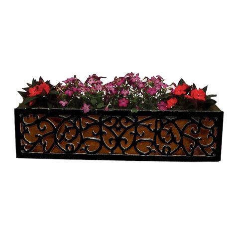 bosmere 36-in x 9.5-in black metal hanging charleston window box|36in. The Medallion Tapered Iron Window Box with Oil.